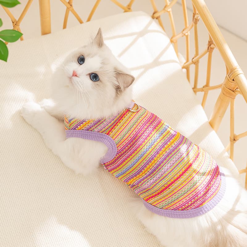 Colete arco-íris oco estilo boêmio para gato de estimação com fivela de tração fantasia de gato Muppet pequeno