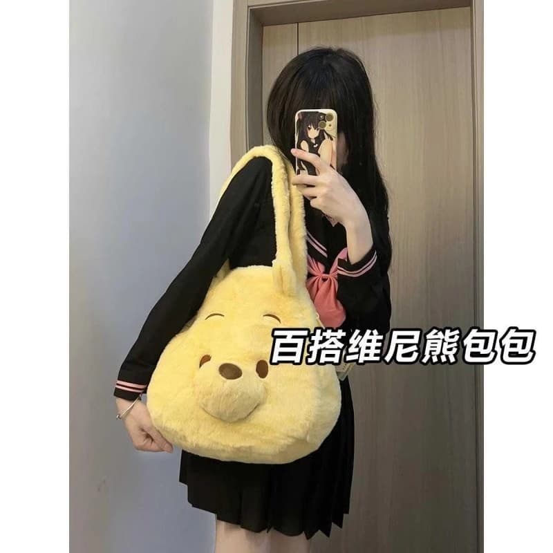 2024 novo estilo outono inverno Winnie the Pooh bolsa de ombro bonito saco de pelúcia feminino grande capacidade um-S