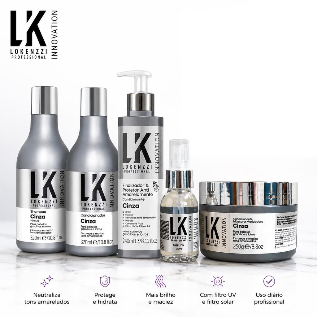 Kit shampoo Condicionador Finalizador Máscara Sérum Cinza Completo Lokenzzi para Cabelos Grisalhos e Loiros Matizador