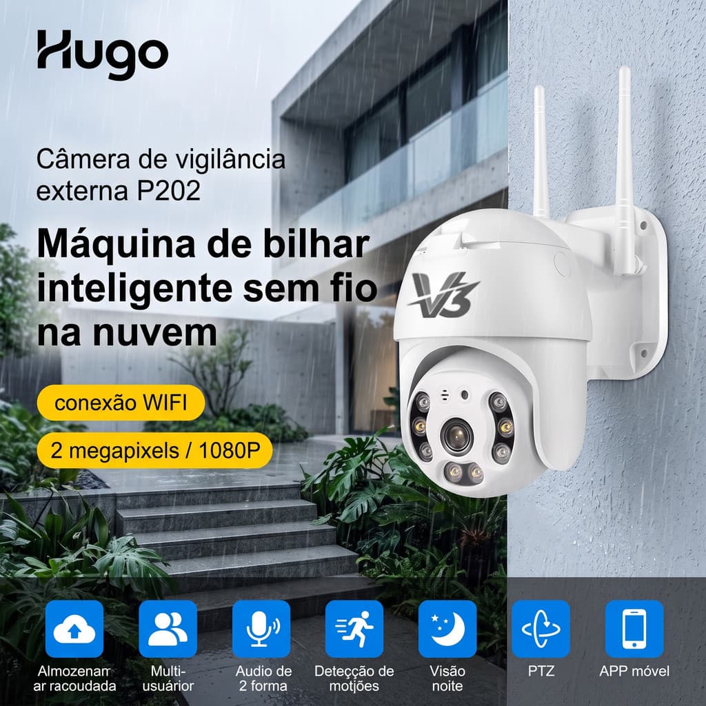 Câmera de Segurança 1080P 2MP Prova D'água Externa com Infravermelho Alarme - V3 P202