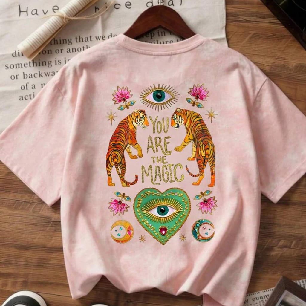 Camiseta Camisa Casual Solta Preta com Estampa de Olho Misterioso Boêmio, Manga Curta, Tigre 100% Algodão