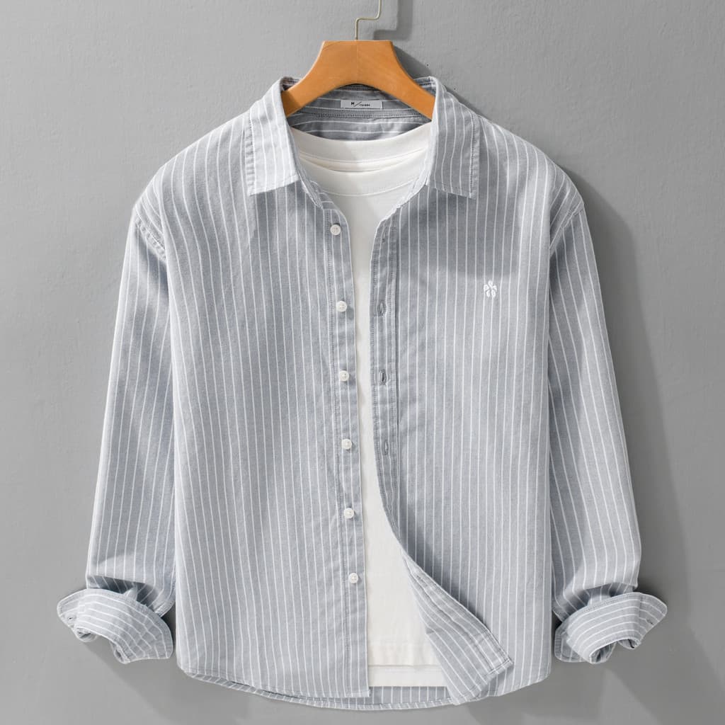 Primavera outono estilo puro algodão clássico listrado camisa de manga comprida masculina Casual bordado solto All-Match