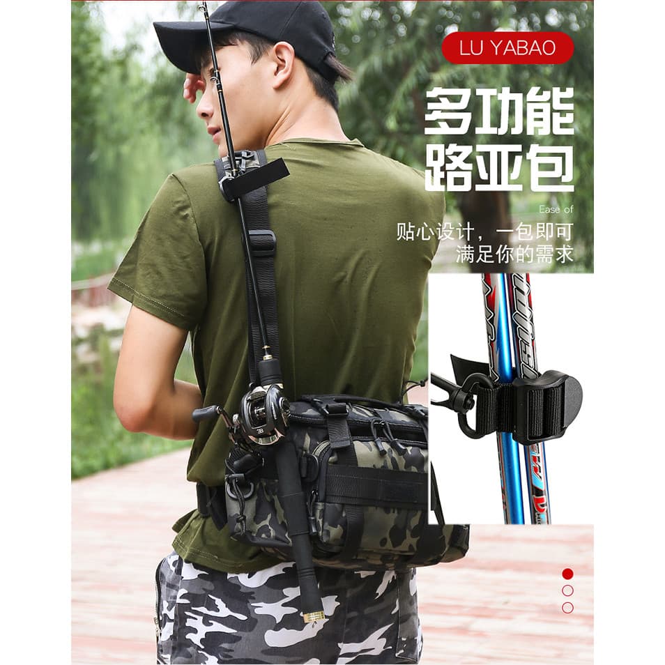 Bolsa de isca Bolsa de cintura multifuncional Bolsa camuflada mensageiro de vara de pesca de grande capacida