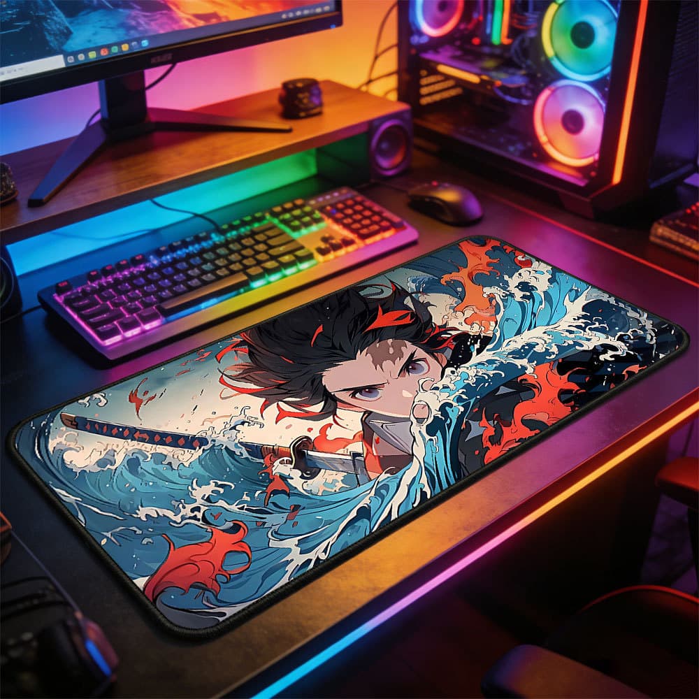 Mousepad Grande Anime Samurai Japonês Chamas e Ondas Base Antiderrapante Alta Precisão para PC Notebook