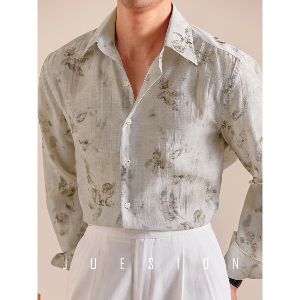 [Atato de cortina sem ferro] JUSION Camisa masculina com gola Windsor estilo italiano, camisa Floral leve e respirável d