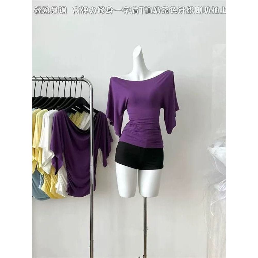 [Lin] Atmosfera estilo coreano Feel iins Hot Girl One-Line Ombro Formal Design de duas peças Feel Cover Arms Slimmer Loo