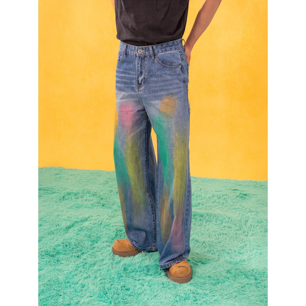 CLP Azul Cor Pintura Spray Jeans Masculino Casual Solto Perna Larga Reta Retro Angustiado Esfregar Gato Bigode