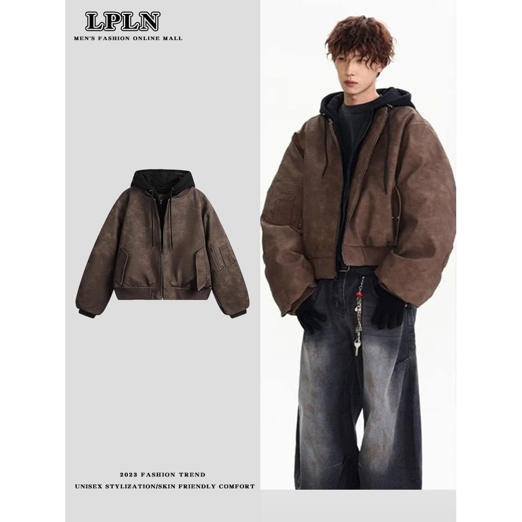 LPLN outono inverno estilo couro do plutônio com capuz falso uniforme de beisebol de duas peças jaqueta masculina americ