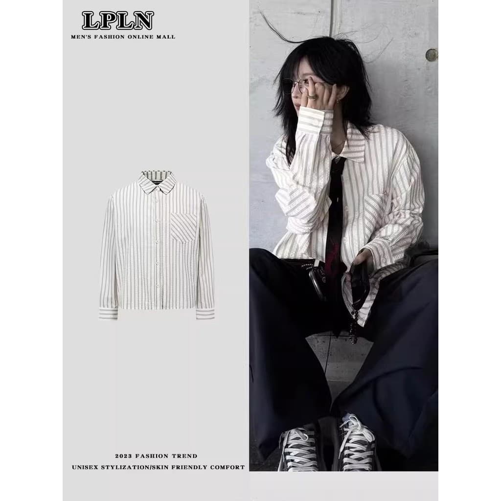 LPLN Camisa Seersucker Listrada Casual Formal Ombro Manga Comprida de Alta Qualidade Retro Listrado Top Americano Pregui