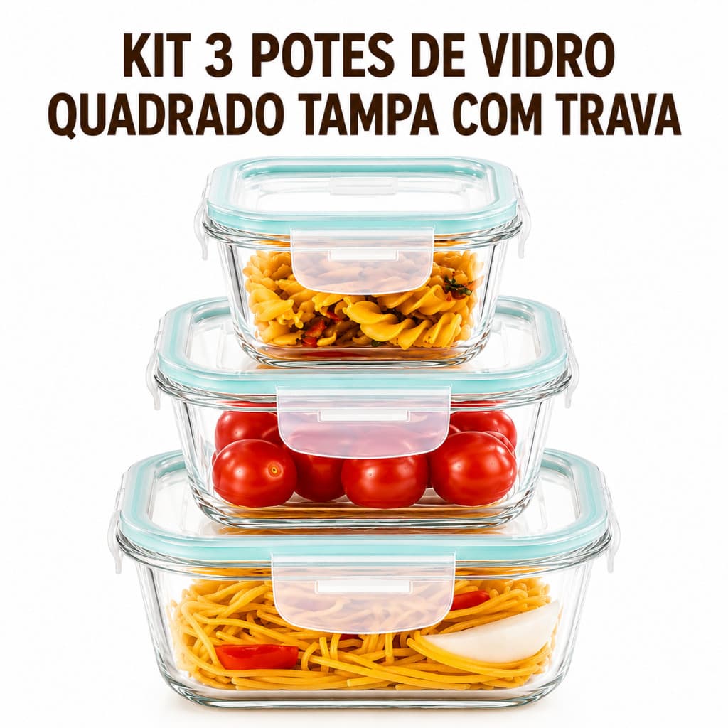 Kit 3 Potes de Vidro Hermético com Trava Refratário 390ml 520ml 800ml