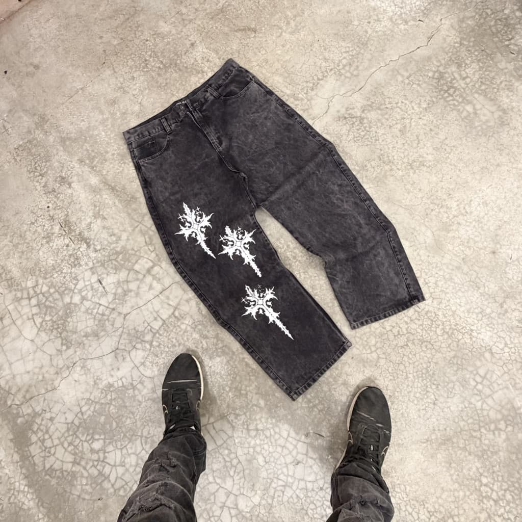 Calça Jeans Masculina Balão Baggy Streetwear Casual Estiloso Com Cruz Diferenciada