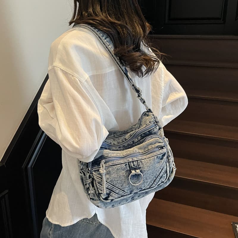 Novo estilo meninas simples grande capacidade Multi-camada Denim bolsa mensageiro de ombro