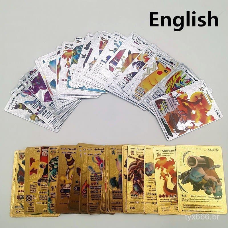 54 peças de brinquedos de batalha da versão em inglês do Charizard, feitos de ouro 18 quilates e prata preta, para crian