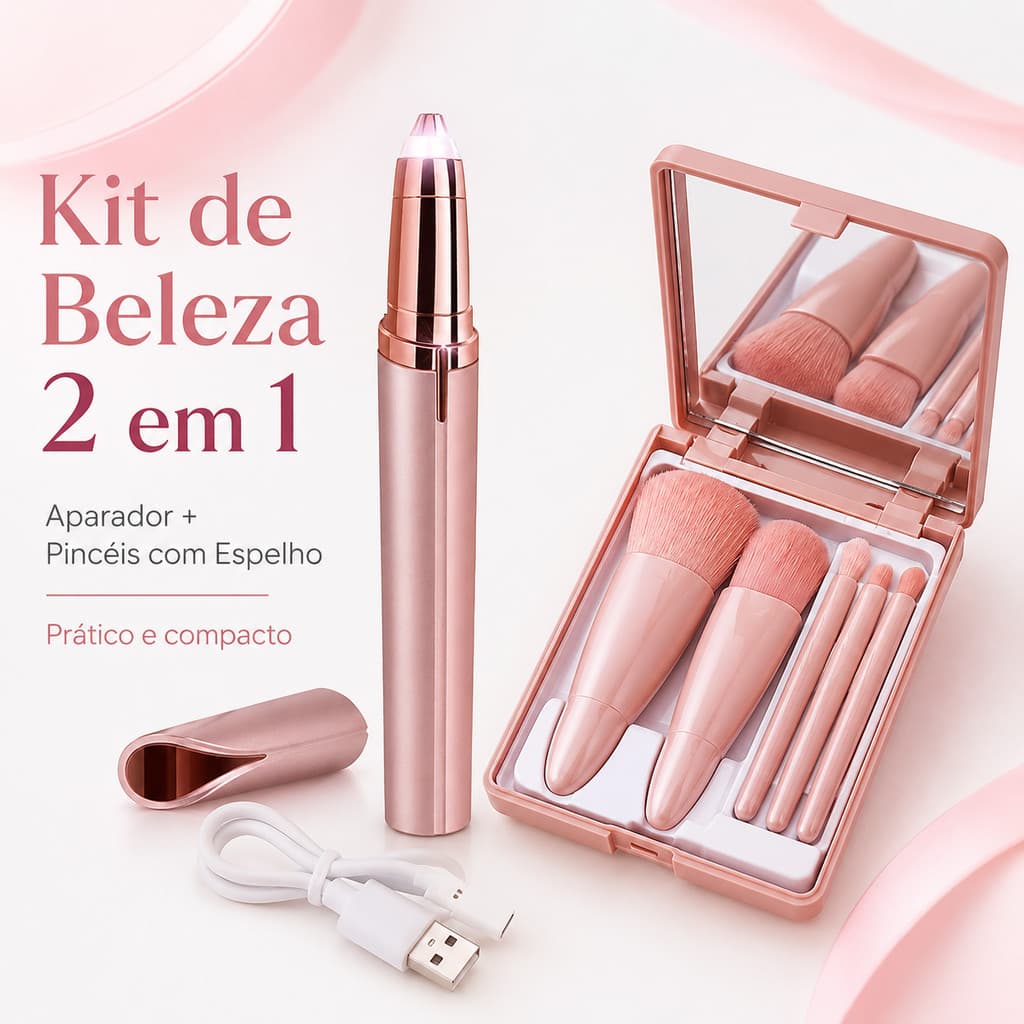 Kit Beleza Completo: Depilador Facial Indolor USB + 5 Pincéis Maquiagem com Estojo e Espelho