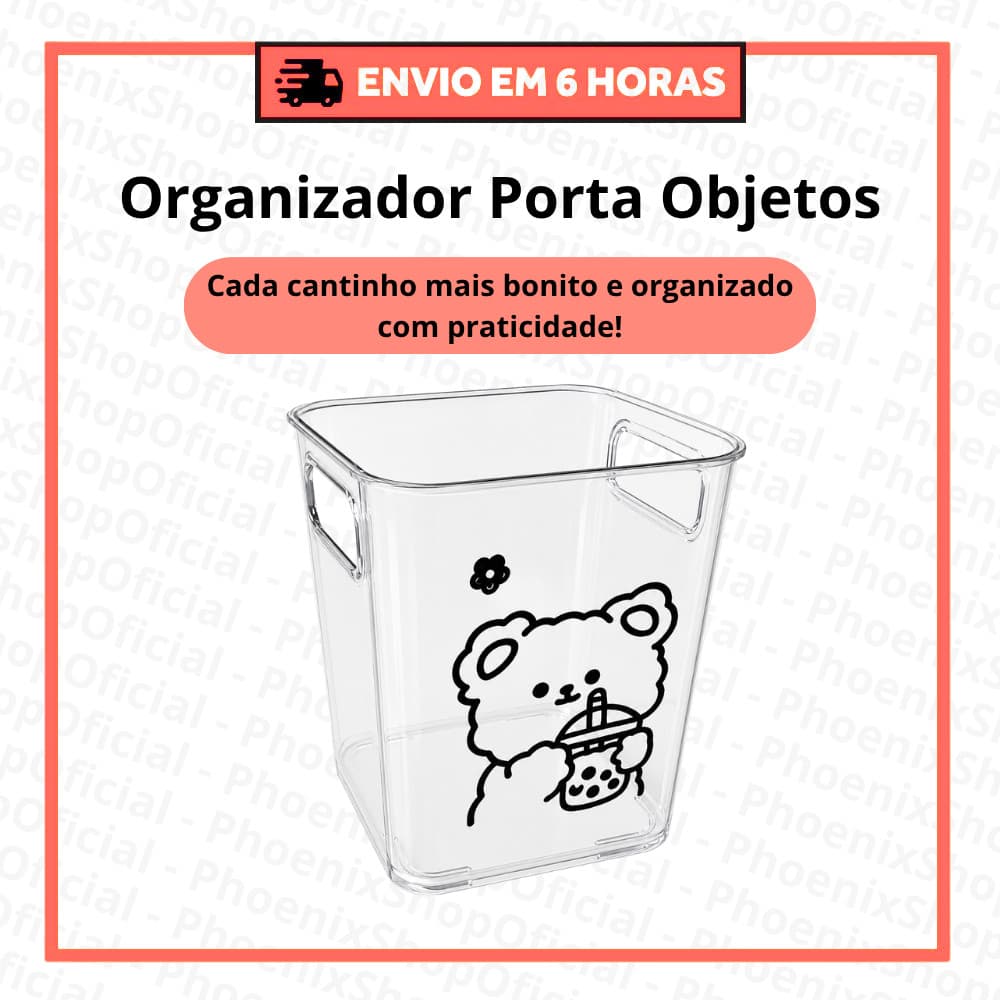 Organizador Porta Objetos de Acrilico Transparente Multuso com Alças e Estampa de Ursinho