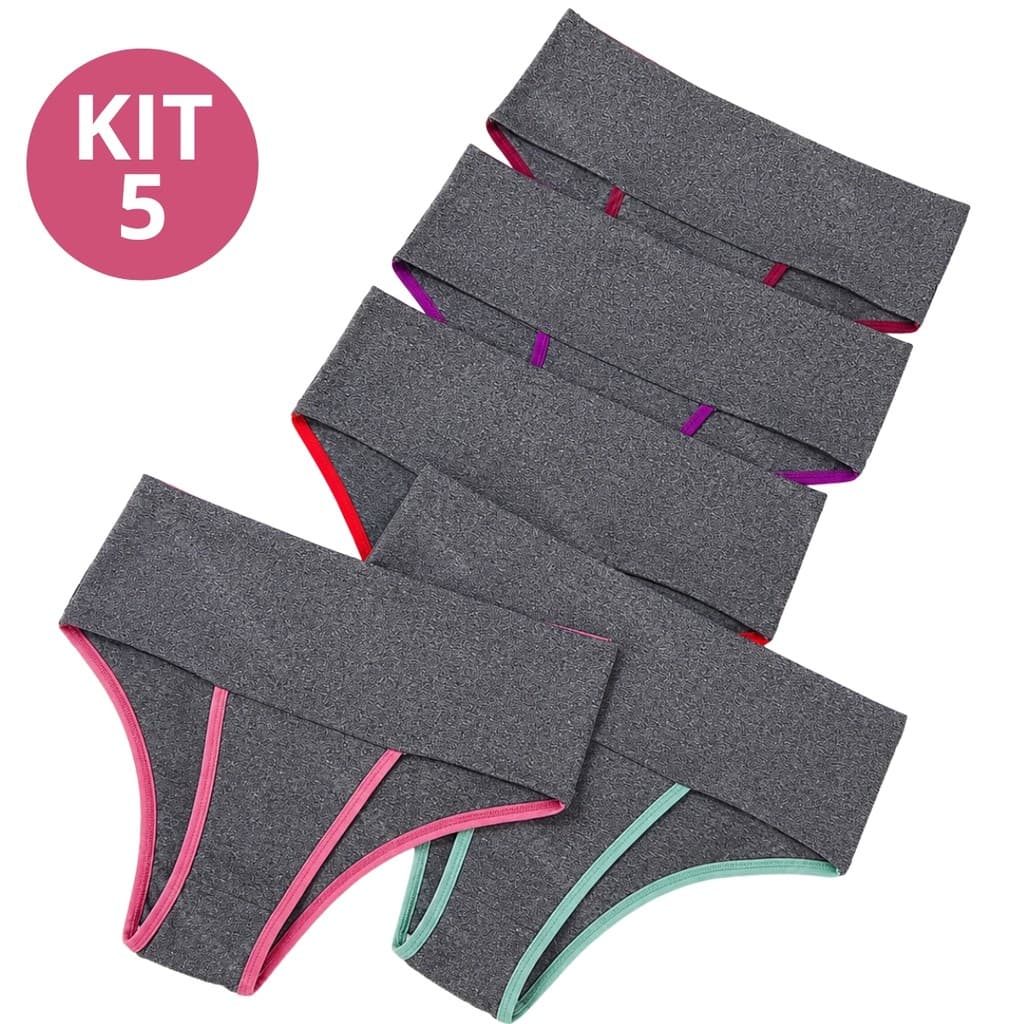 Kit 5 Calcinhas Cós Duplo Cintura Alta Confortável Fitness - Paloma