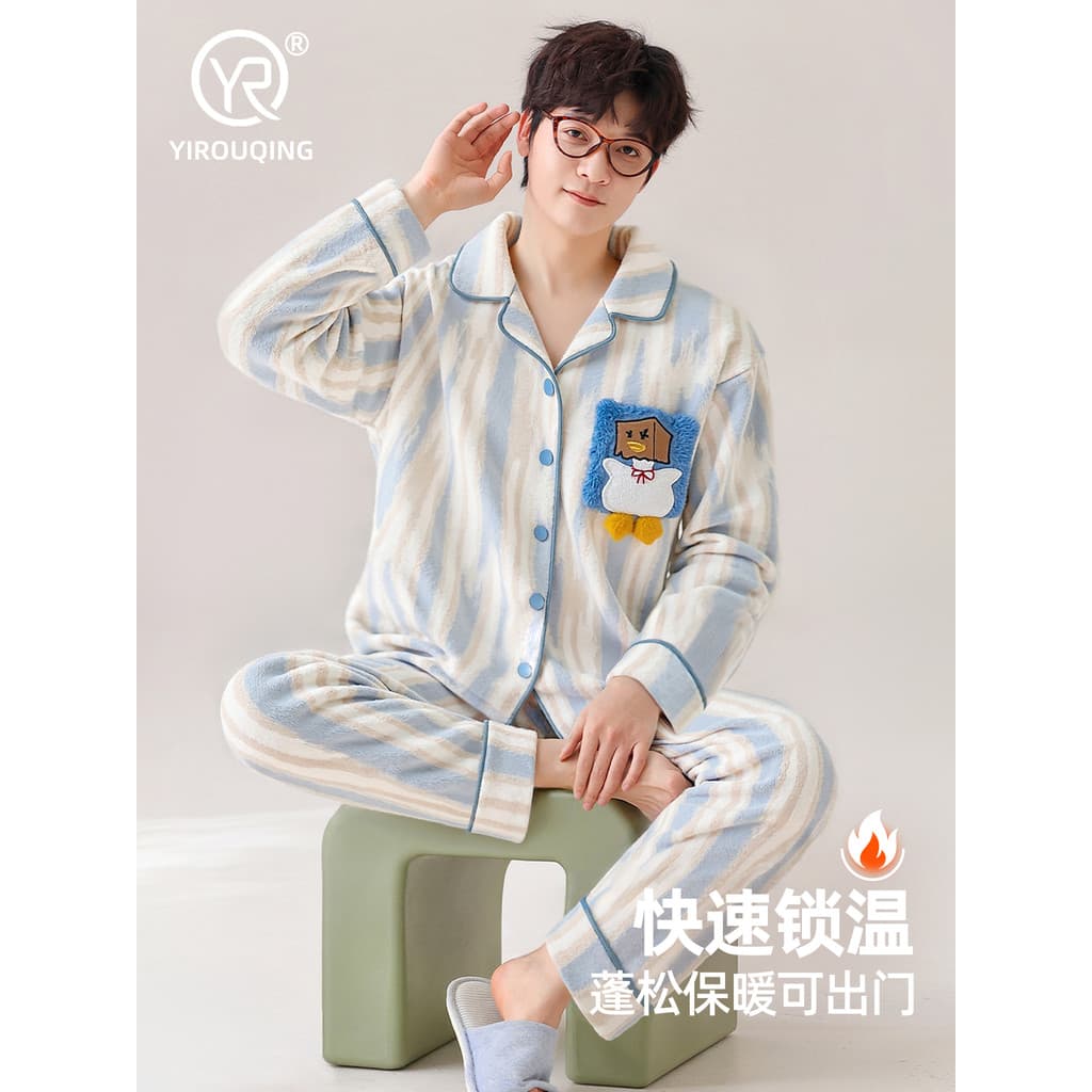 Pijama de lã Coral masculino forro de lã de inverno engrossado quente masculino juventude flanela Homewear terno inverno