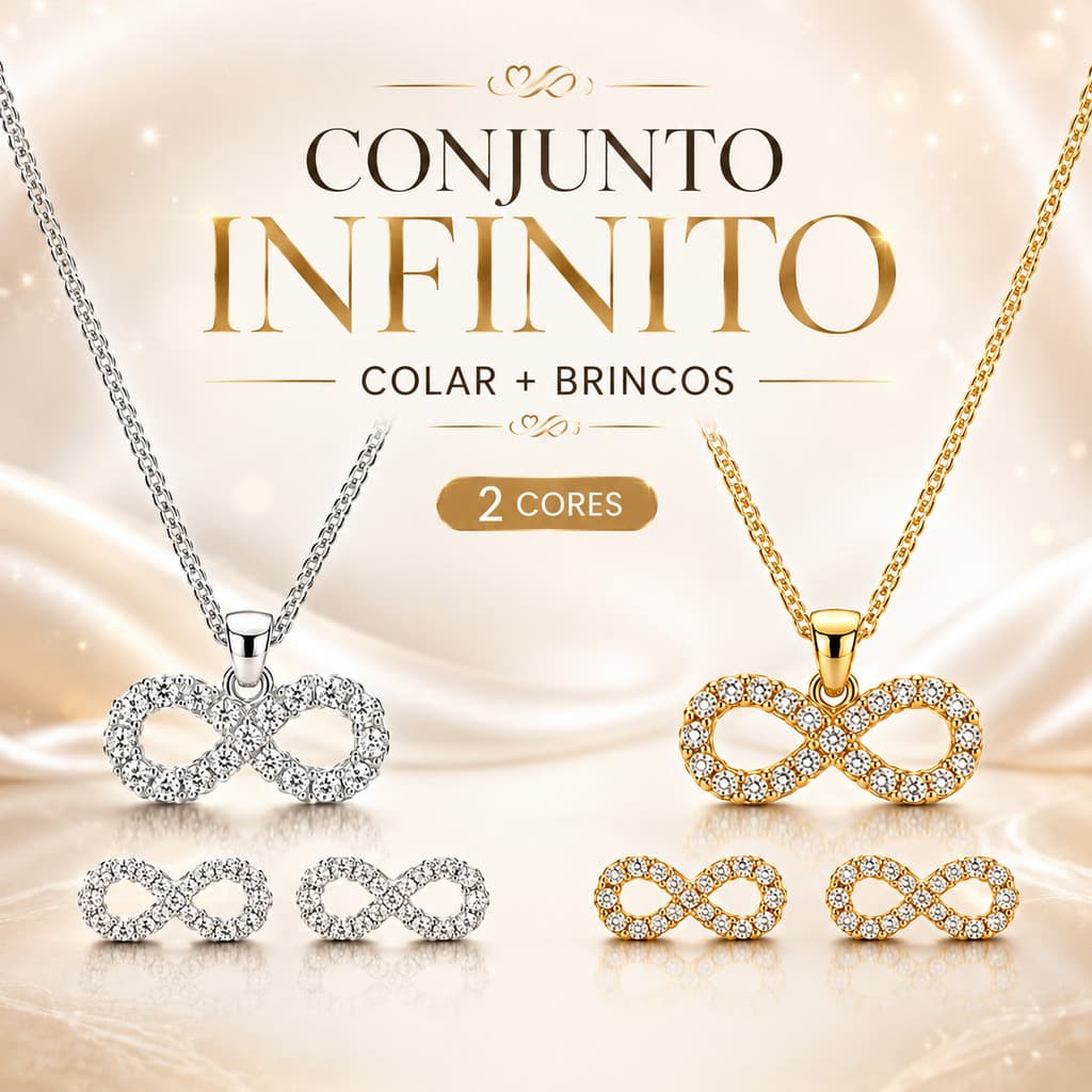Conjunto Colar e Brincos Feminino Infinito Prata 925 ou Folheado a Ouro 18K com Strass