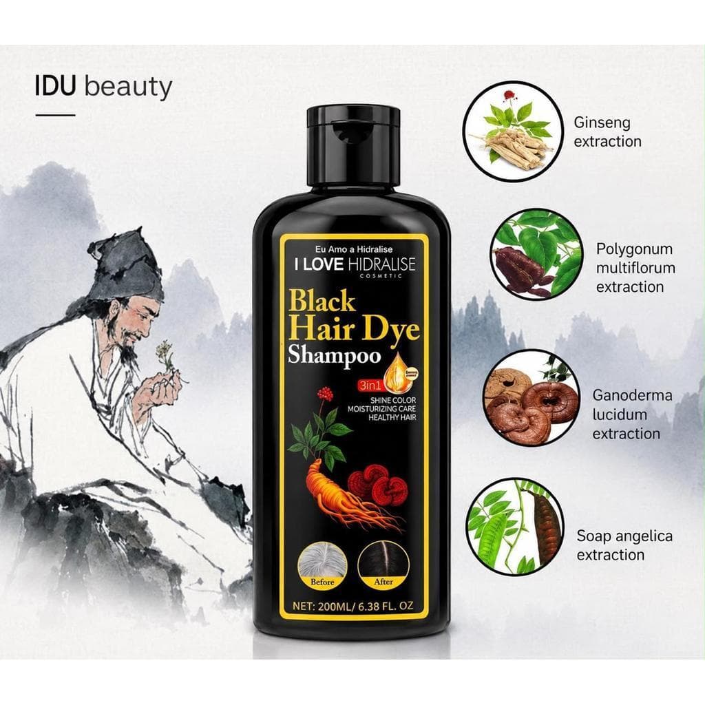 Shampoo Tintura Cabelo Black Hair Dye 3 em 1 200ml Sem Amônia Natural Base De Plantas Uso Doméstico Fácil Hidralise