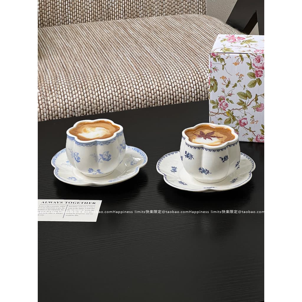 Conjunto de Xícara e Pires de Cerâmica com Estampa Floral Romântica - Estilo Francês Retrô - Para Café, Chá, Sobremesa