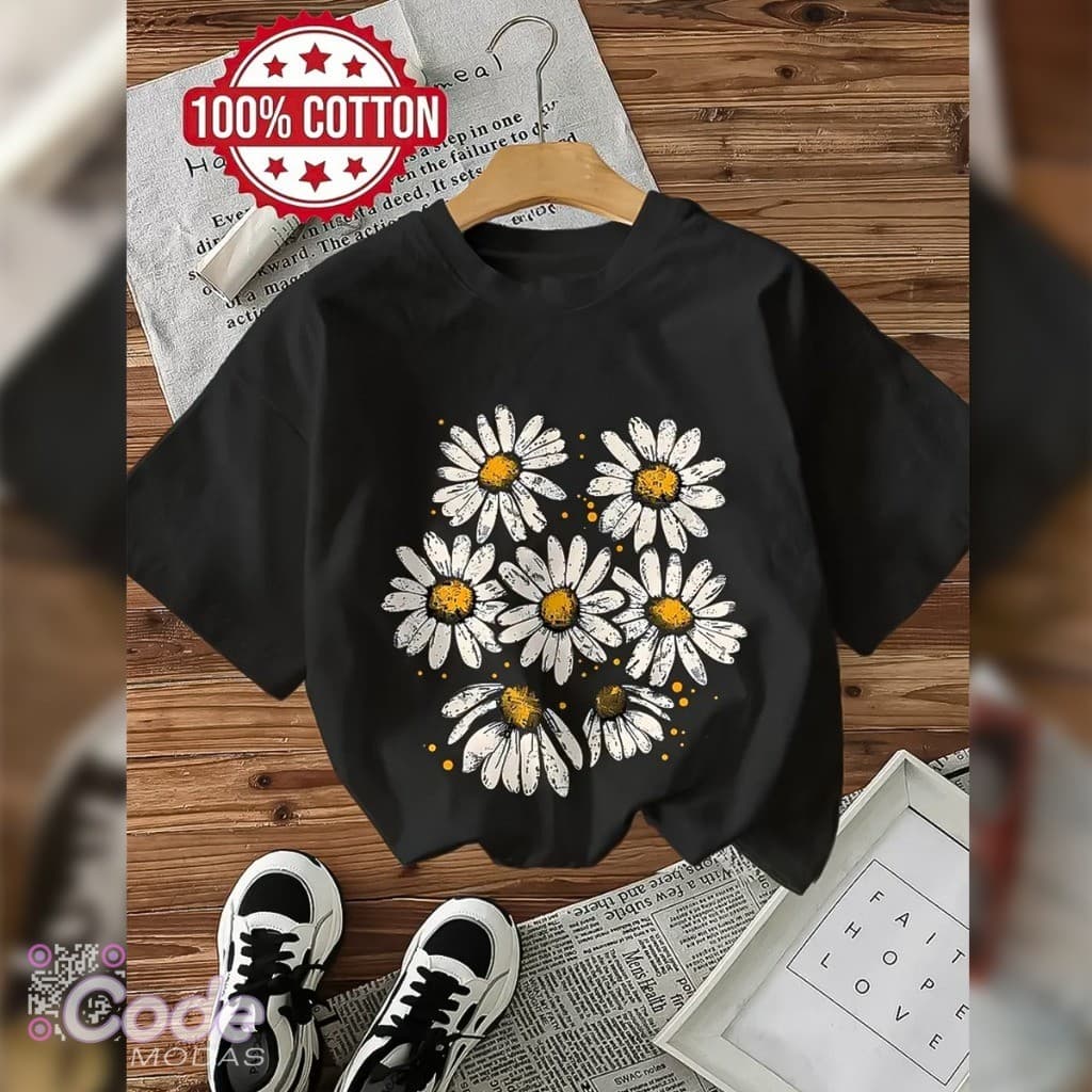 Camisa Camiseta T-Shirt Margaridas Estilo Vintage Algodão Aesthetic