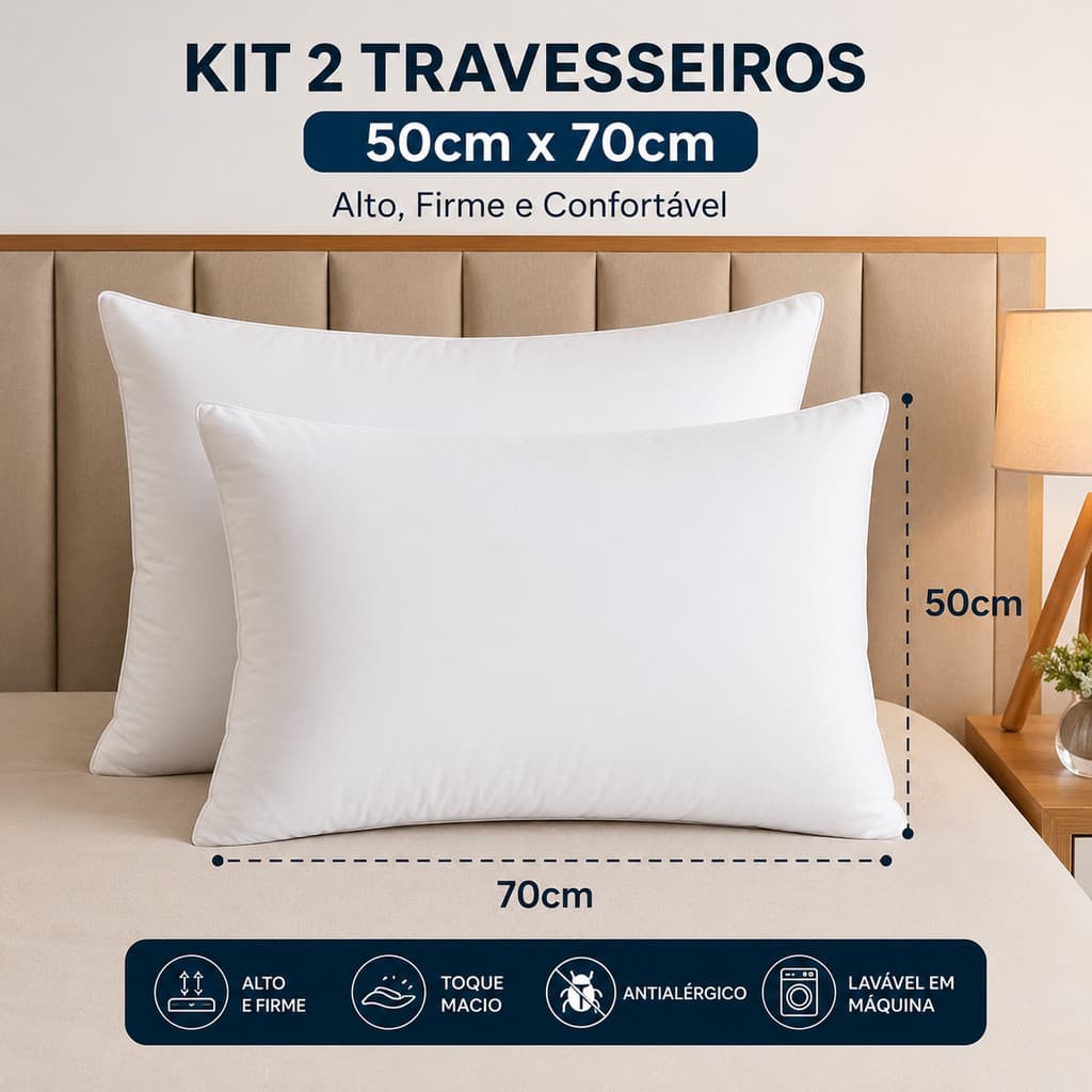 Kit Travesseiro 2 Peças Fibra Siliconada Extra Macio Antialérgico Conforto Premium