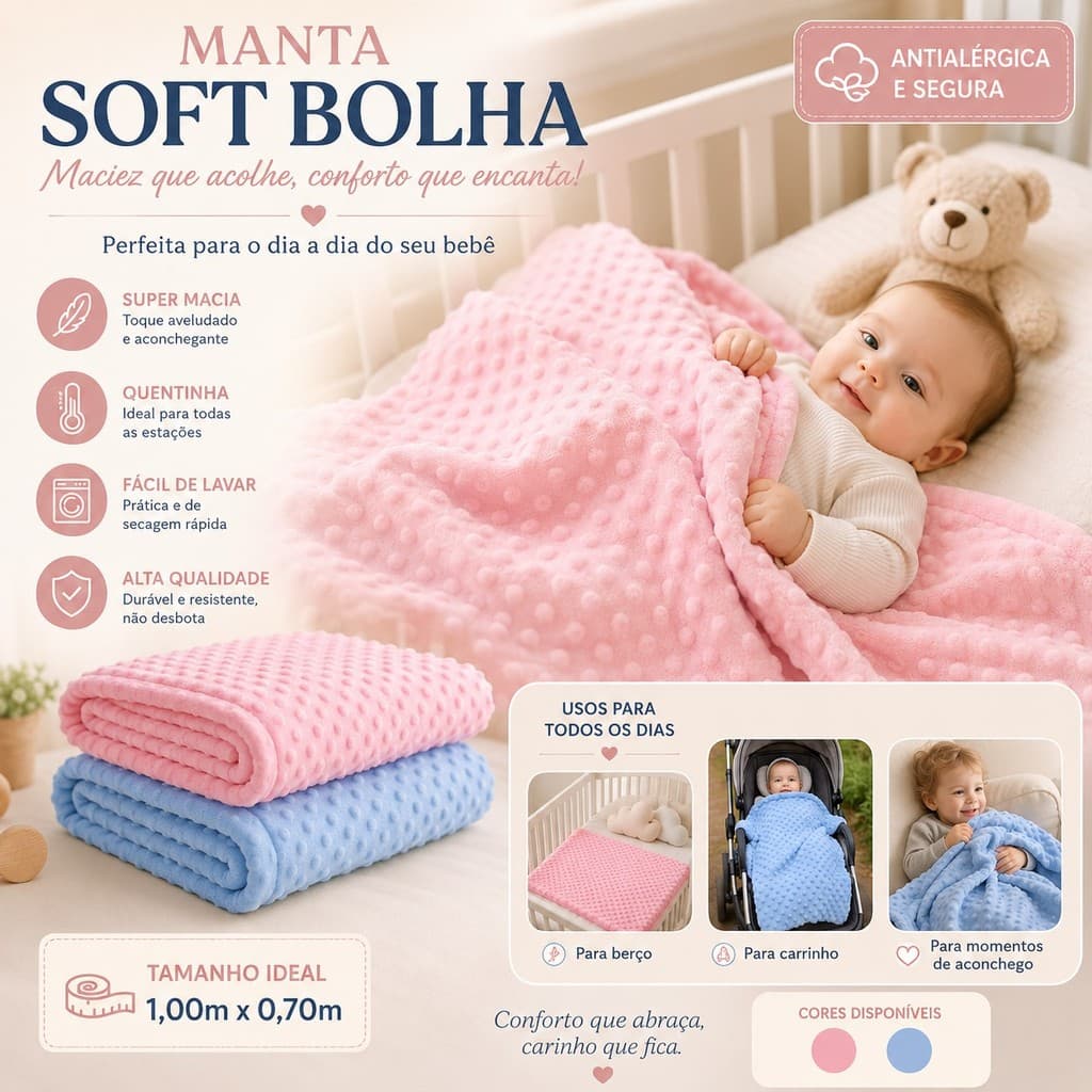 Manta Bebe Pipoquinha Fleece Soft Ultra Macio Menino Menina Enxoval Cobertor Infantil