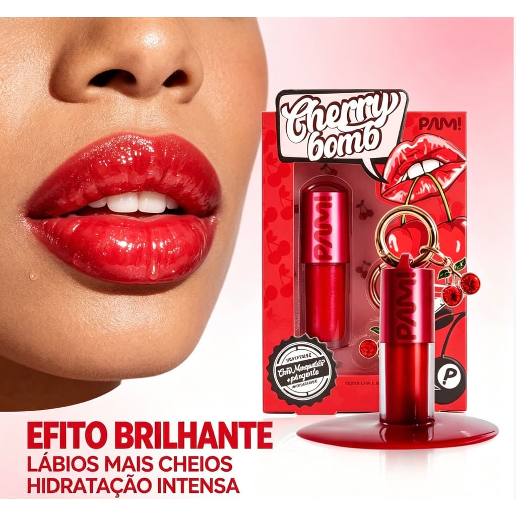 Gloss Cherry Bomb Pam By Pamella 5g Volumizador Hidratante Brilho Espelhado Pingente Cereja