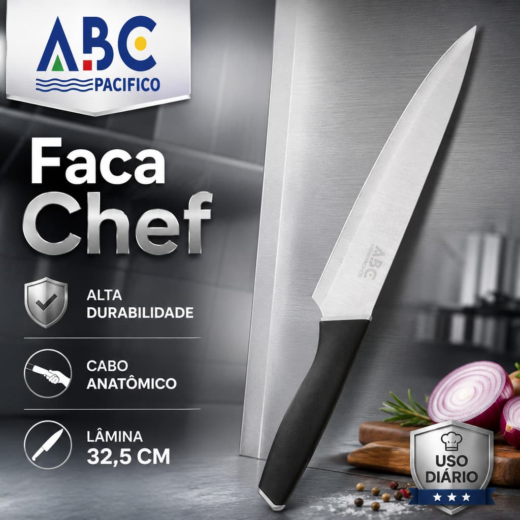 Faca Chef Profissional ABC Pacifico 32,5cm Aço Inox Cabo Ergonômico Cozinha