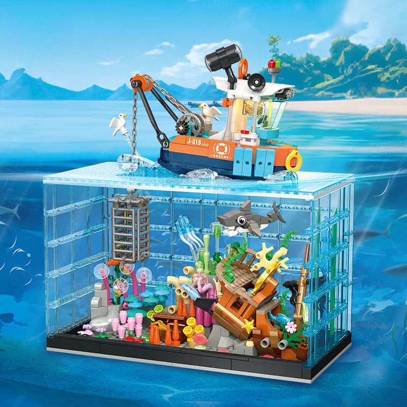 Brinquedo educativo de montagem para meninos, modelo de aquário de aventura de mergulho com blocos de construção.