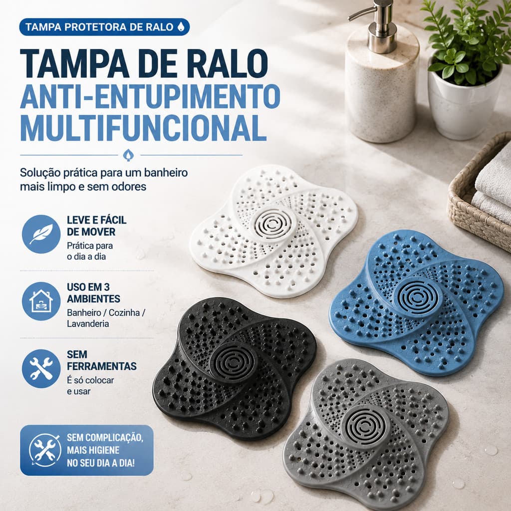 Protetor de Ralo de Silicone Quadrado com Ventosas e Alça Filtro de Cabelos e Resíduos para Pia Banheiro Lavanderia