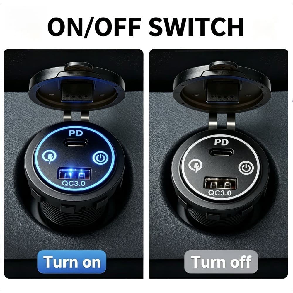 30W 12V 24V Carregador De Carro Tomada PD QC3.0 Carga Rápida Dupla Com Interruptor De Alimentação Anel LED Azul À Prova