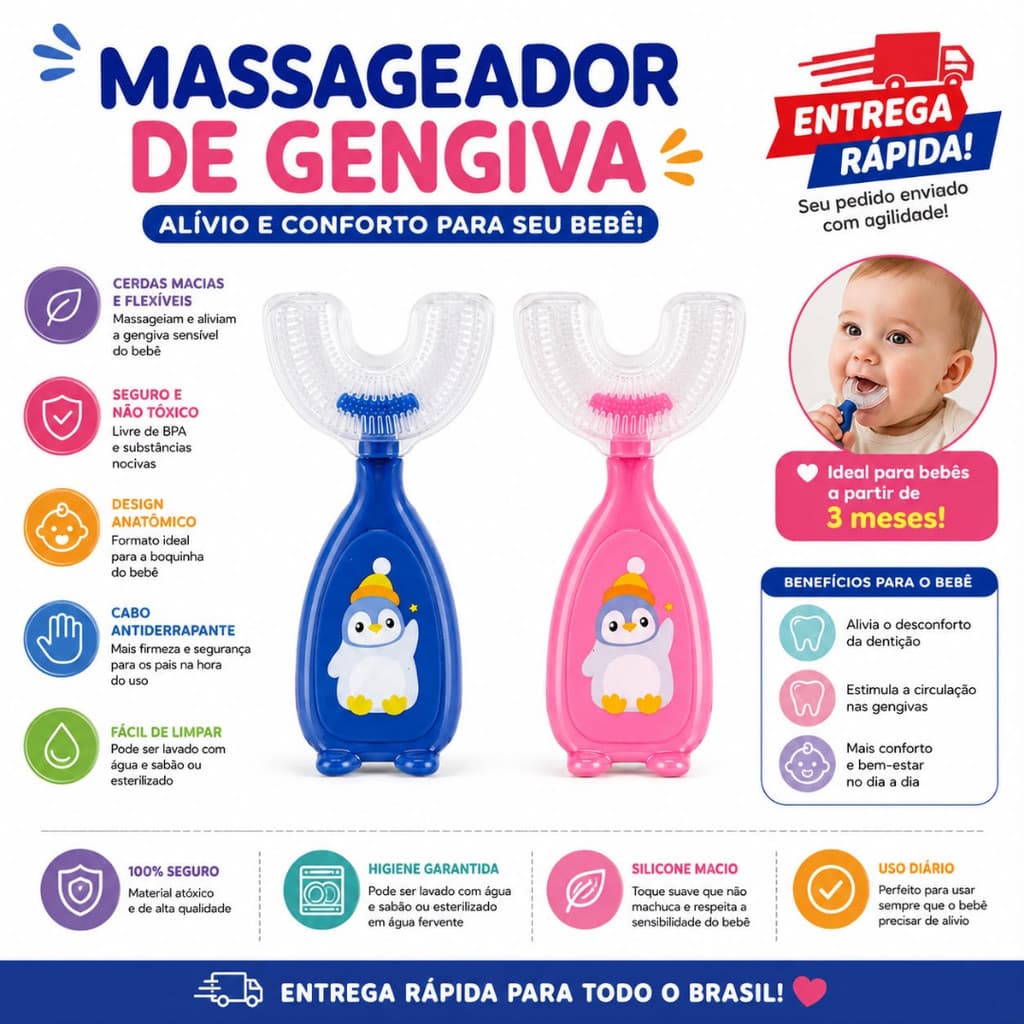 “Massageador de Gengiva para Bebê Silicone Macio – Alívio e Higiene Oral Infantil”