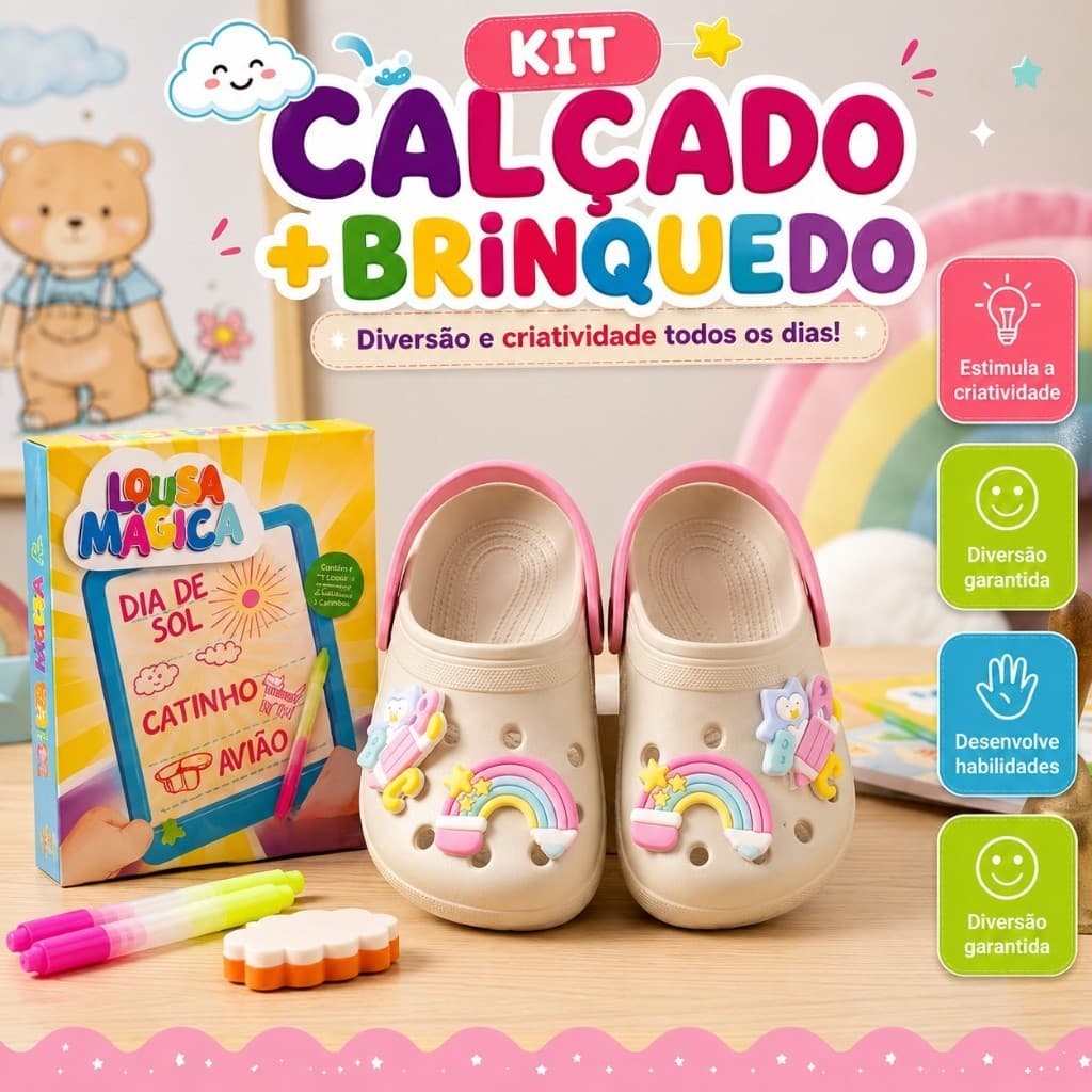 Kit Sandália Infantil Menina Leve Confortável Antiderrapante Macia com Brinquedo Lousa Mágica Escolar Diversão