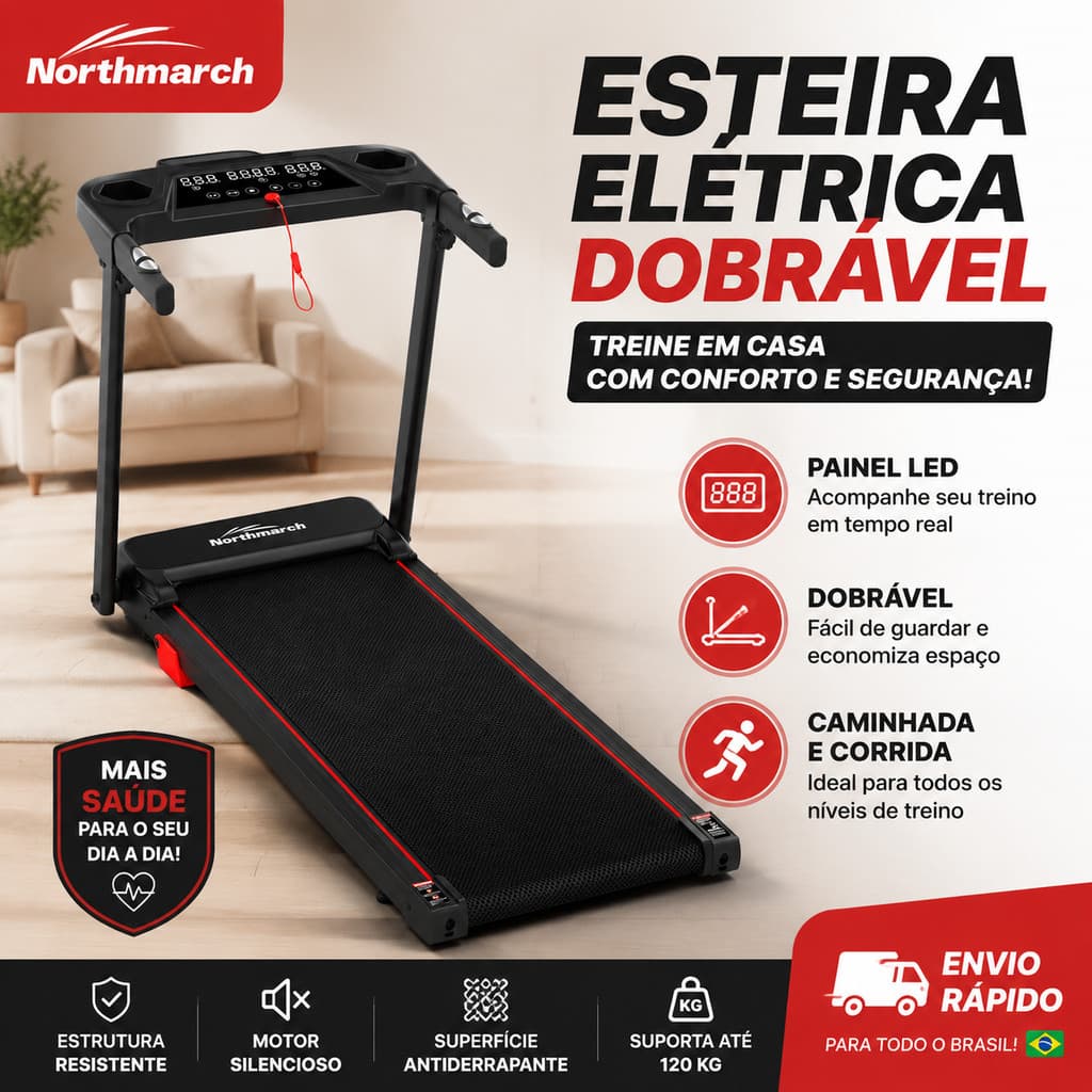 Esteira Ergométrica Elétrica Dobrável para Casa com Display LED, Controle de Velocidade e Motor Silencioso Fitness