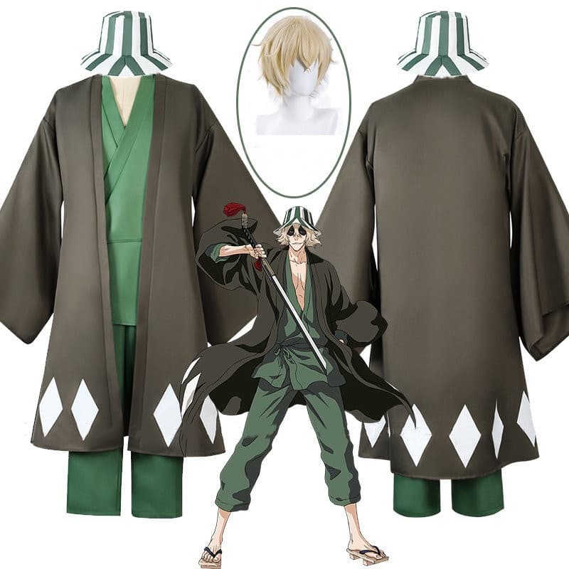 G07F Fantasia de Cosplay de Anime Bleach Urahara Kisuke para Mulheres e Homens, Kimono Verde, Calças, Chapéu, Trajes par