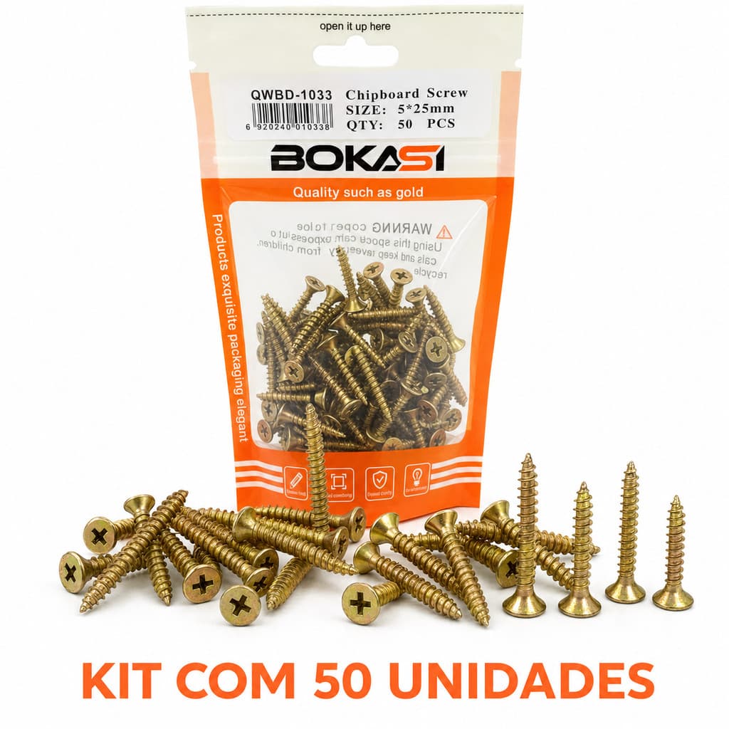 Kit 50 Parafusos 5x25mm para Madeira MDF Móveis Cabeça Phillips Escareada Dourado