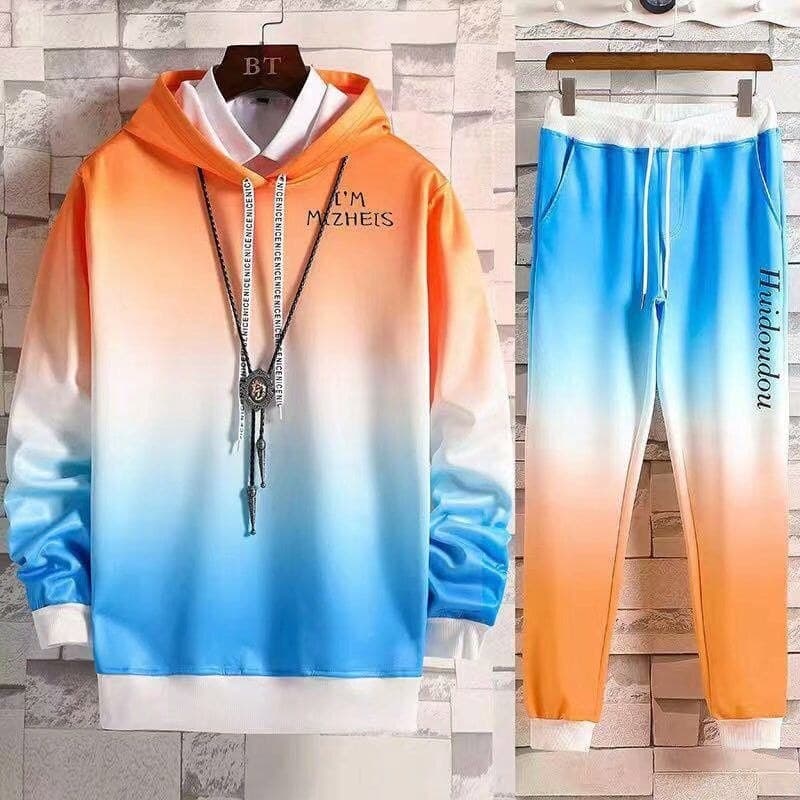 Homens gradiente multicolorido manga longa com capuz tamanho grande na moda calças soltas primavera outono Casual terno