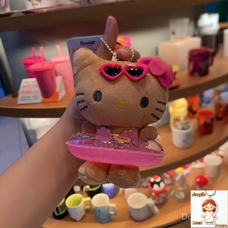 Chaveiro Kawaii Hello Kitty Havaiano Sanrio Pingente Brinquedo de Pelúcia Cartoon Anel de Natação Marrom Branco Chaveiro