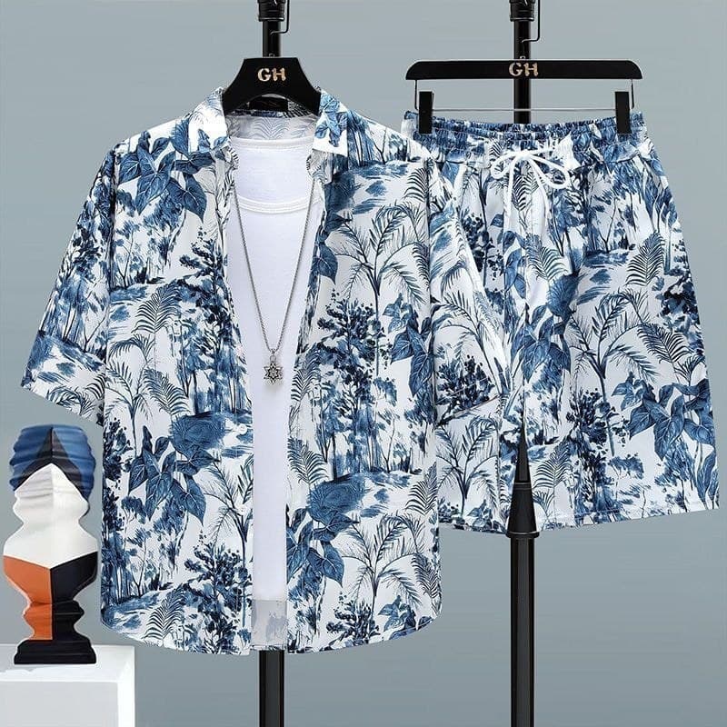 Camisa de manga curta Shorts terno masculino na moda Casual praia férias camisa solta de seda gelo terno de duas peças #