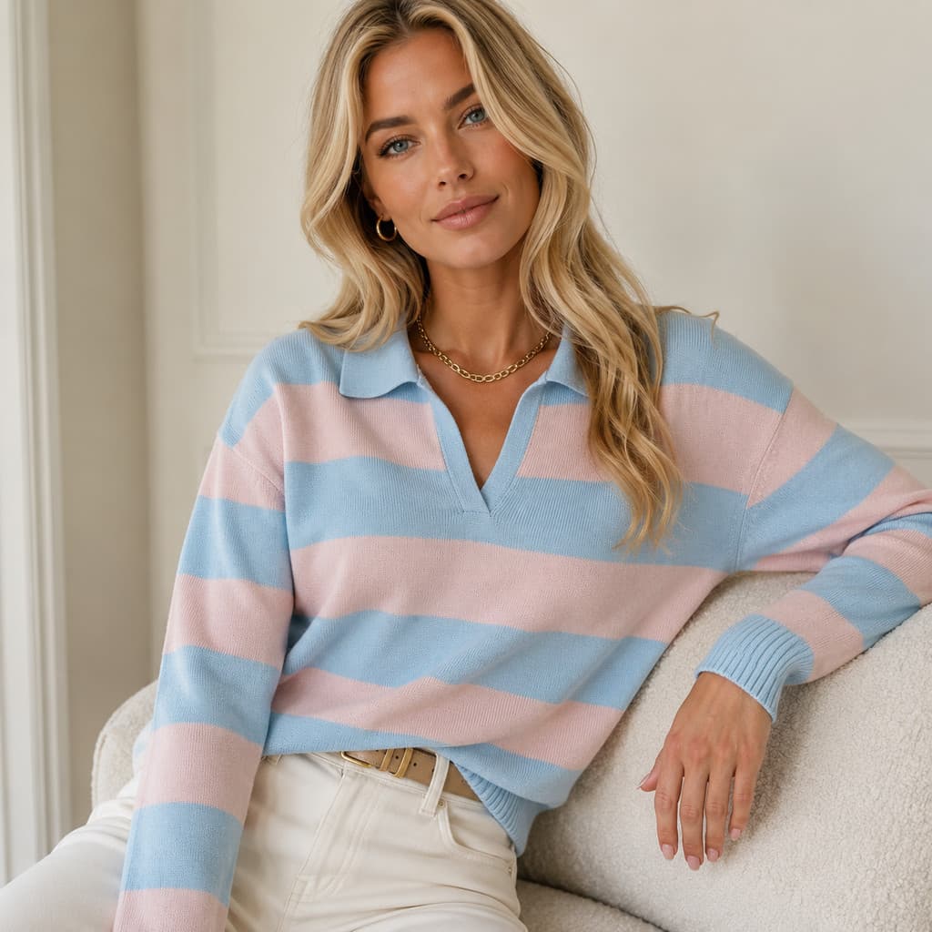 Blusa Gola Polo Feminina Modal Listrada Manga Longa Tricot Achadinhos de Moda
