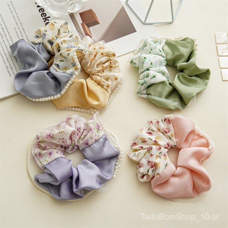 Elástico de cabelo de tecido delicado com rabo de cavalo de cetim, scrunchie floral de verão para mulheres.