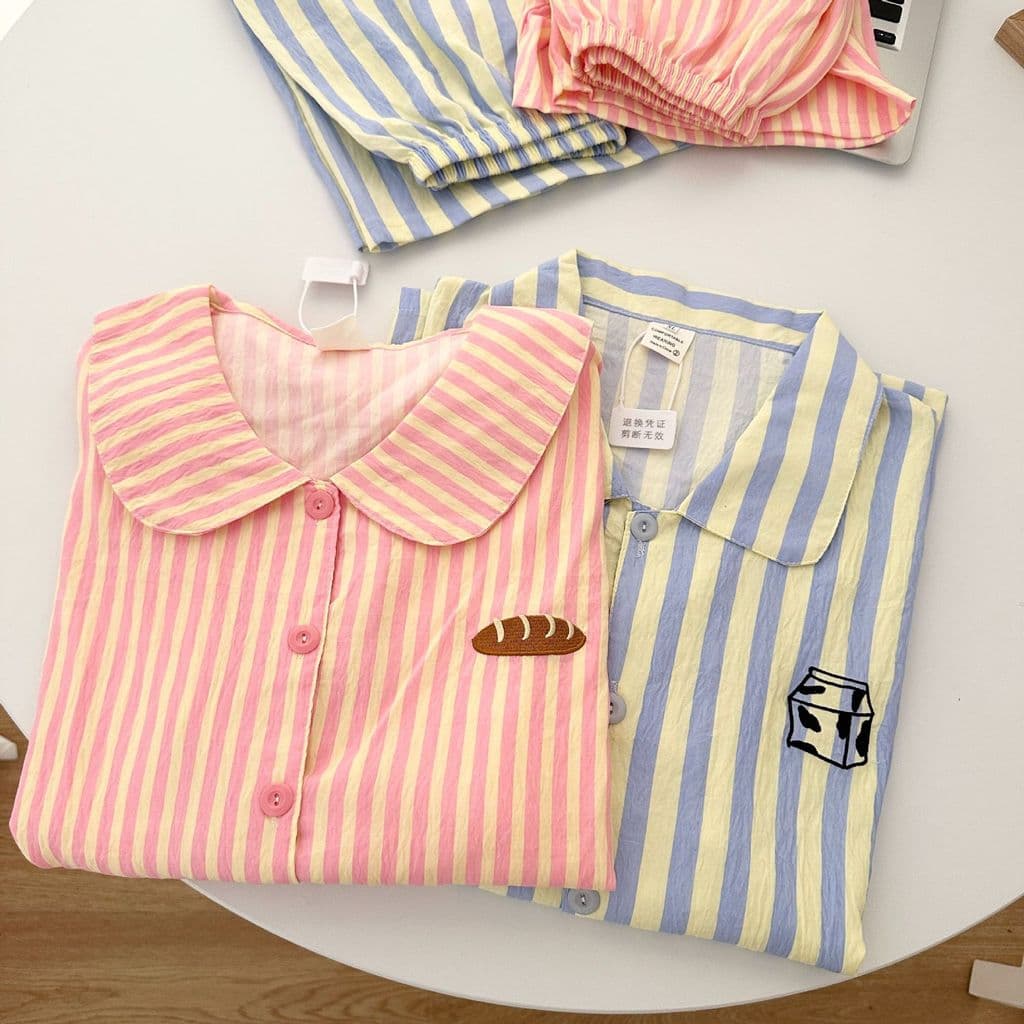 Nuvem algodão casal pijamas verão feminino bonito listrado Shorts de manga curta solto coreano Casual masculino Homewear