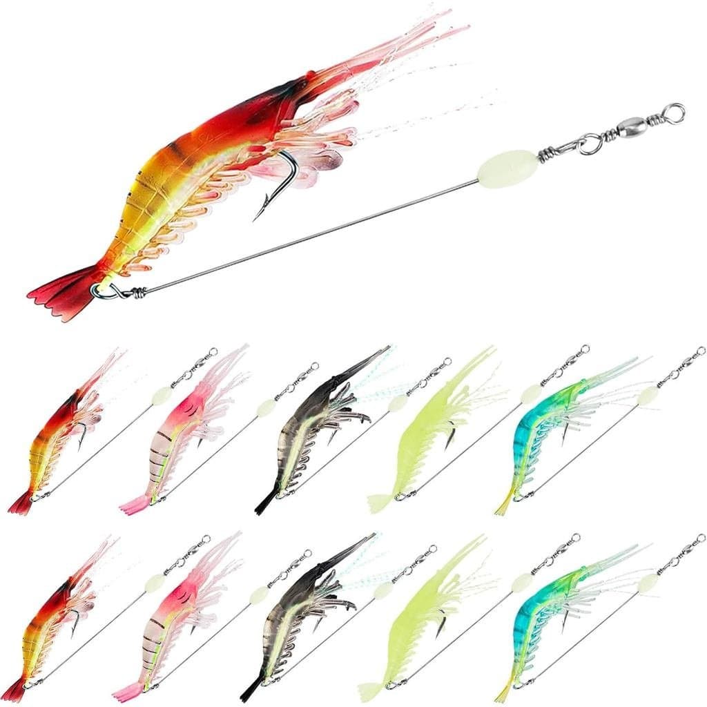 Conjunto de 10 Iscas de Camarão para Pesca em Água Salgada, Iscas de Camarão Macias Premium com Anzóis Luminosos e Afiad