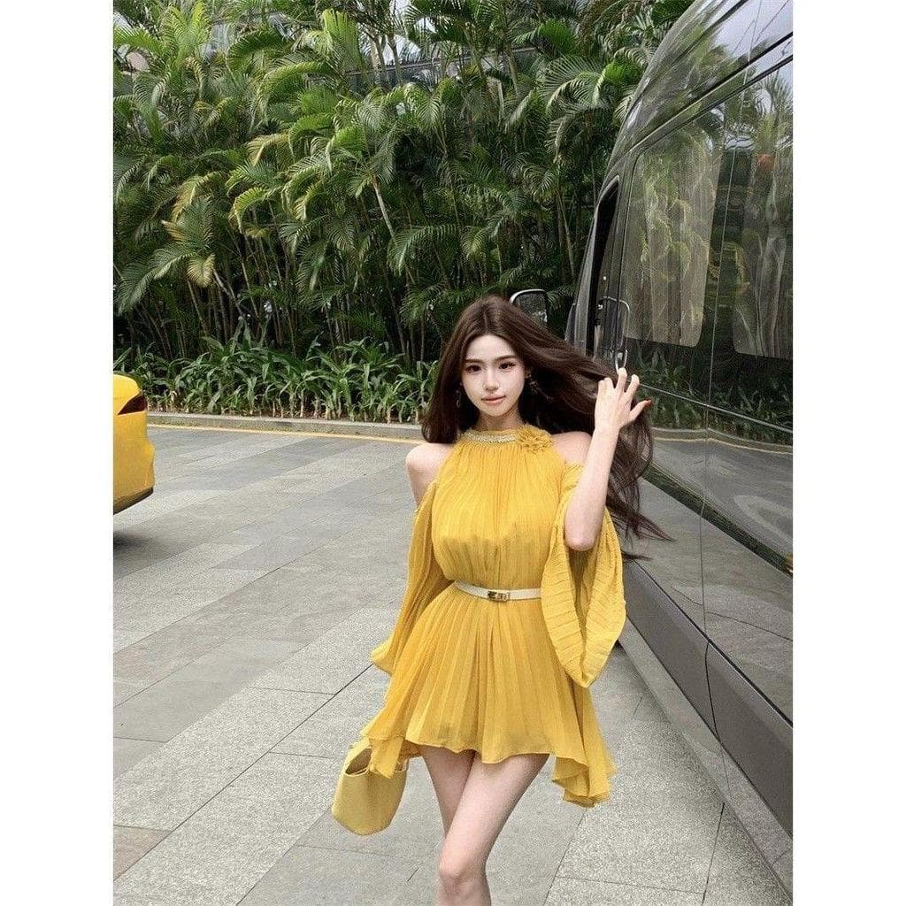 [Novidades] Flor amarela fora do ombro vestido de manga comprida feminino verão manga trompete saia de Chiffon de cintur