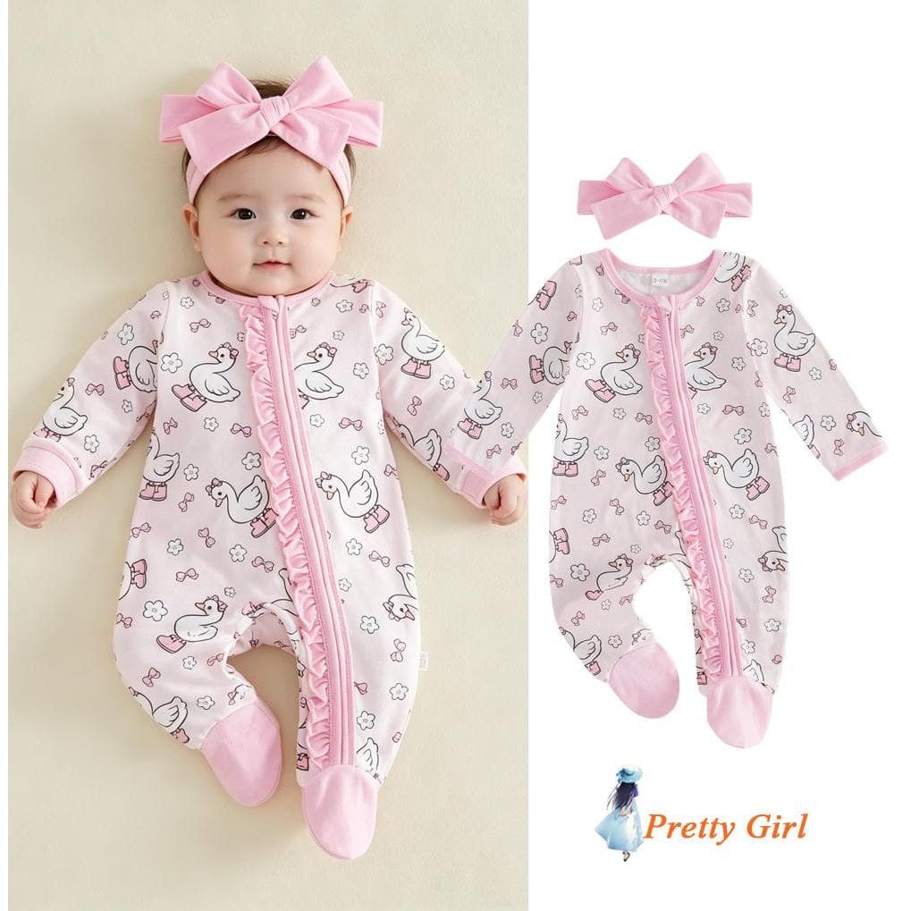 Mellifluous-Baby Girl Footies E Headband Pato Flor Arco Estampa Babados Guarnição Zip Up Frente Manga Longa Macacão