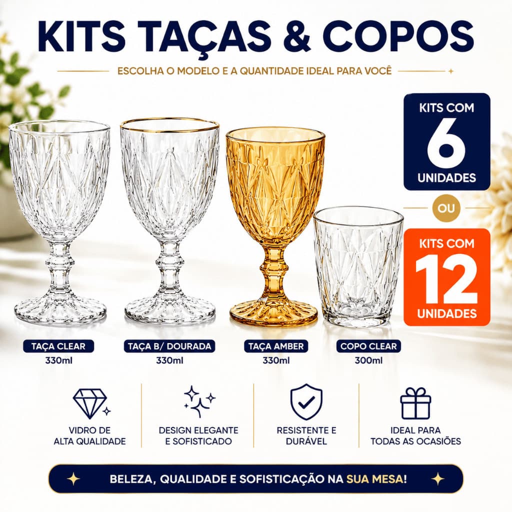 Jogo Conjunto Taças E Copos De Vidro Diamond Âmbar Clear Para Água Suco Vinho Drinks Bico De Jaca