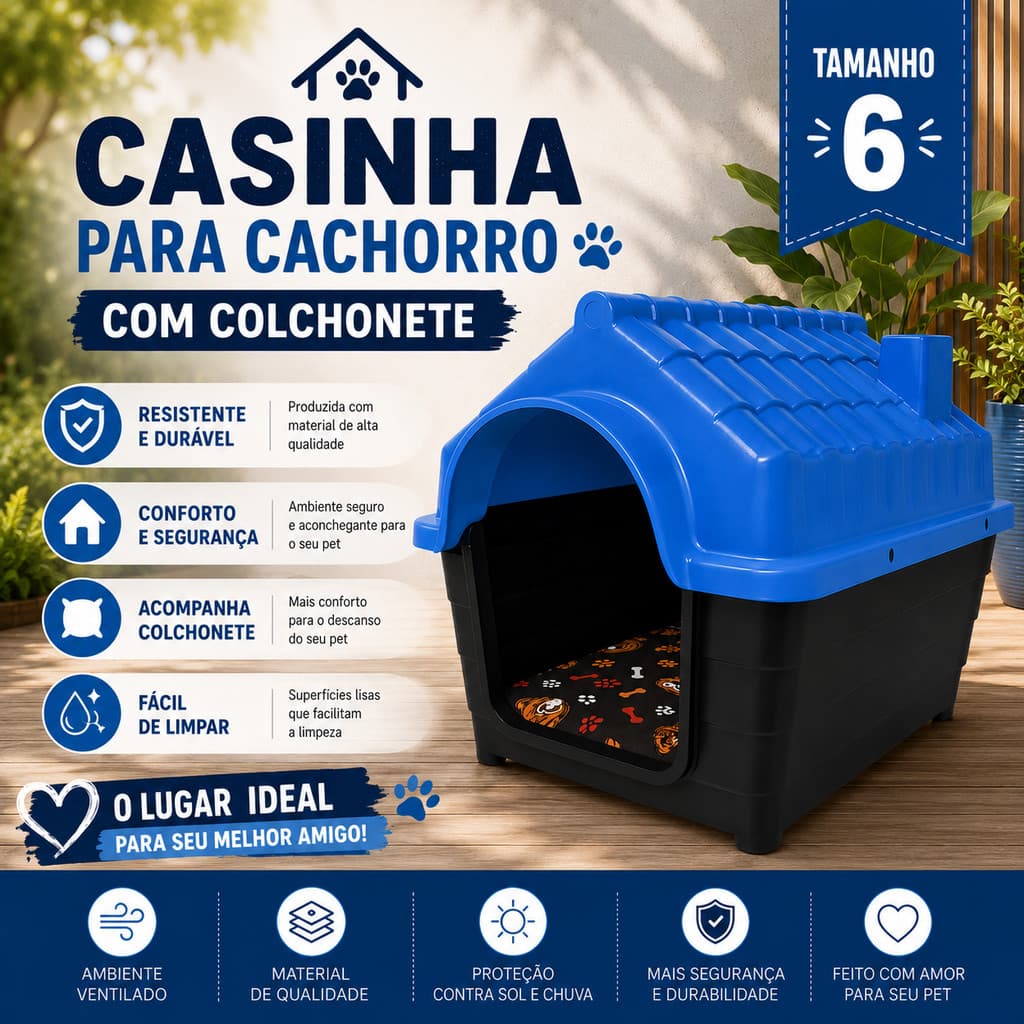 Casinha Plástico Resistente N6 para Cachorro com Colchonete Confortável