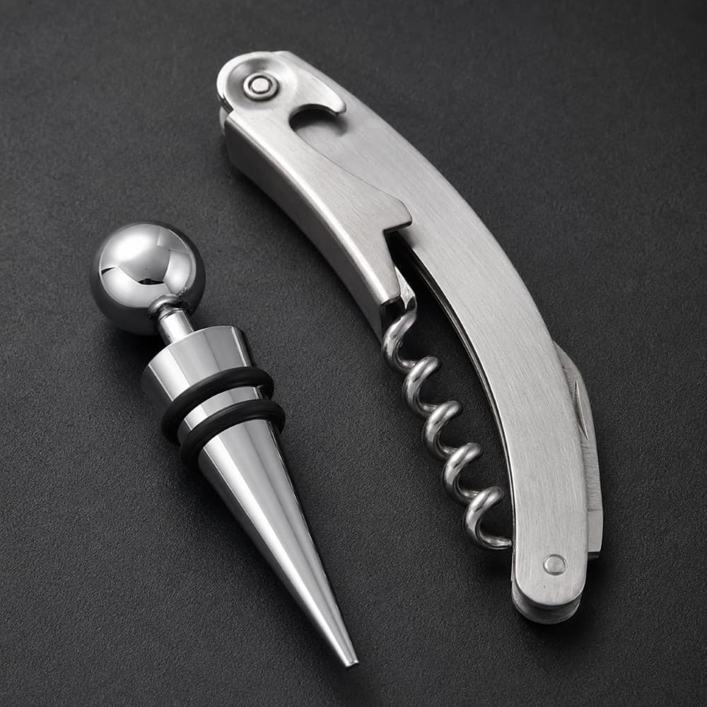 Kit Saca Rolhas Abridor de Garrafa + Tampão de Garrafa Inox