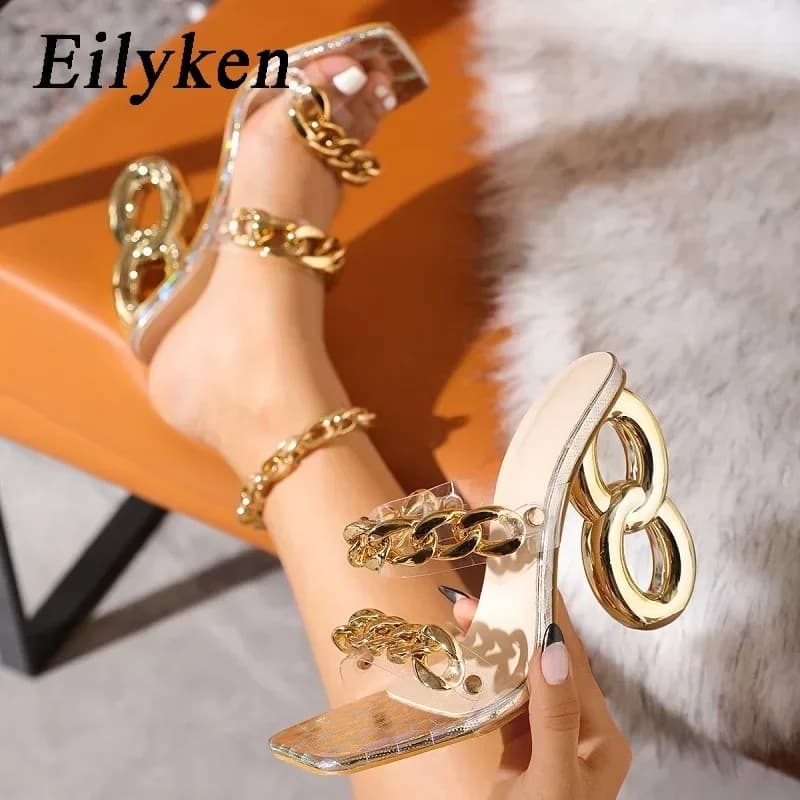 Eilyken Novo Design Chinelo de Corrente Feminino, Sandálias de Verão com Salto Vazado, Moda para Banquete, Bico Aberto,